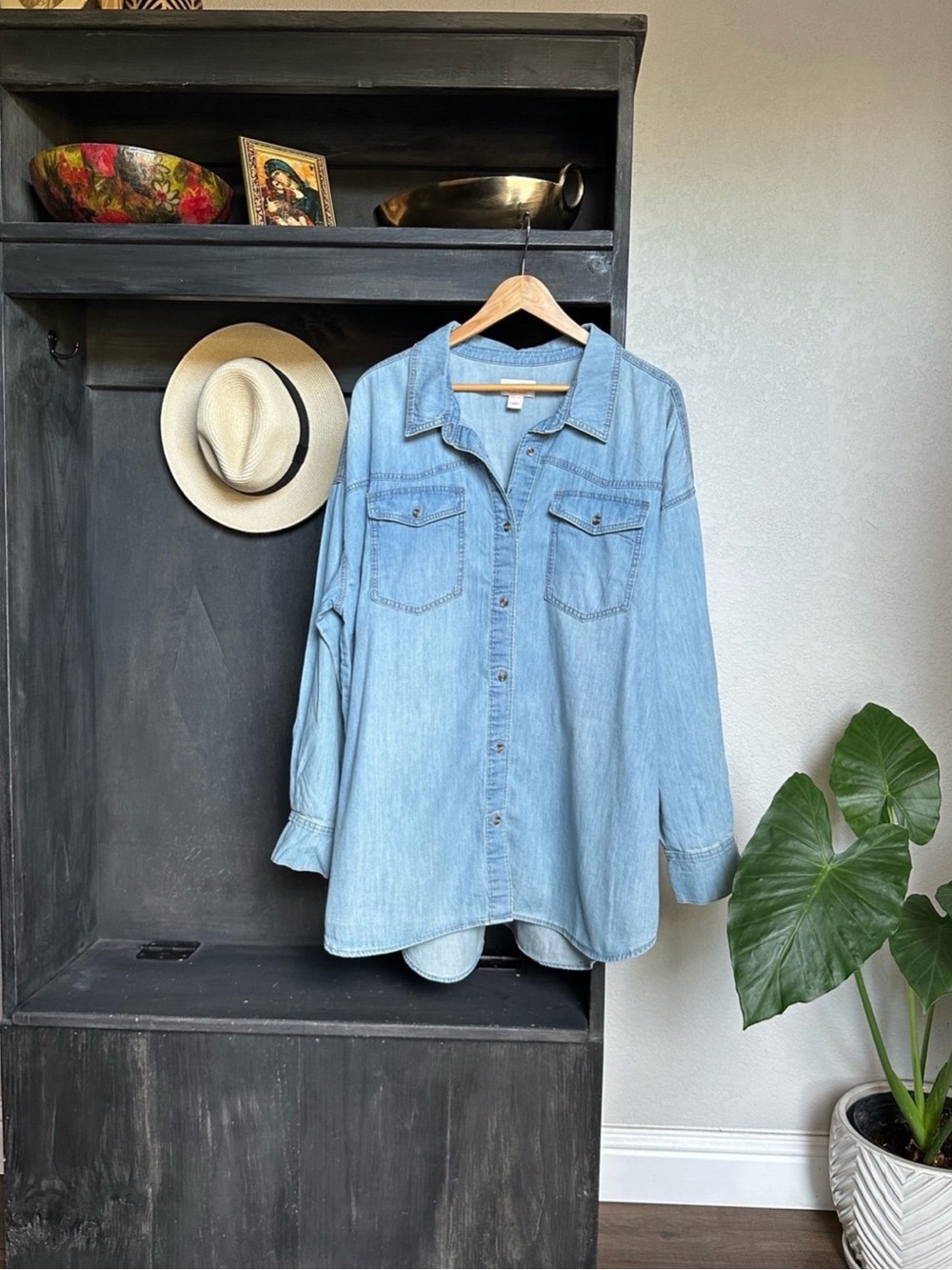Sofia Womens Plus Size Top - Denim Button Front Long Sleeve Tunic Shirt 2X 22